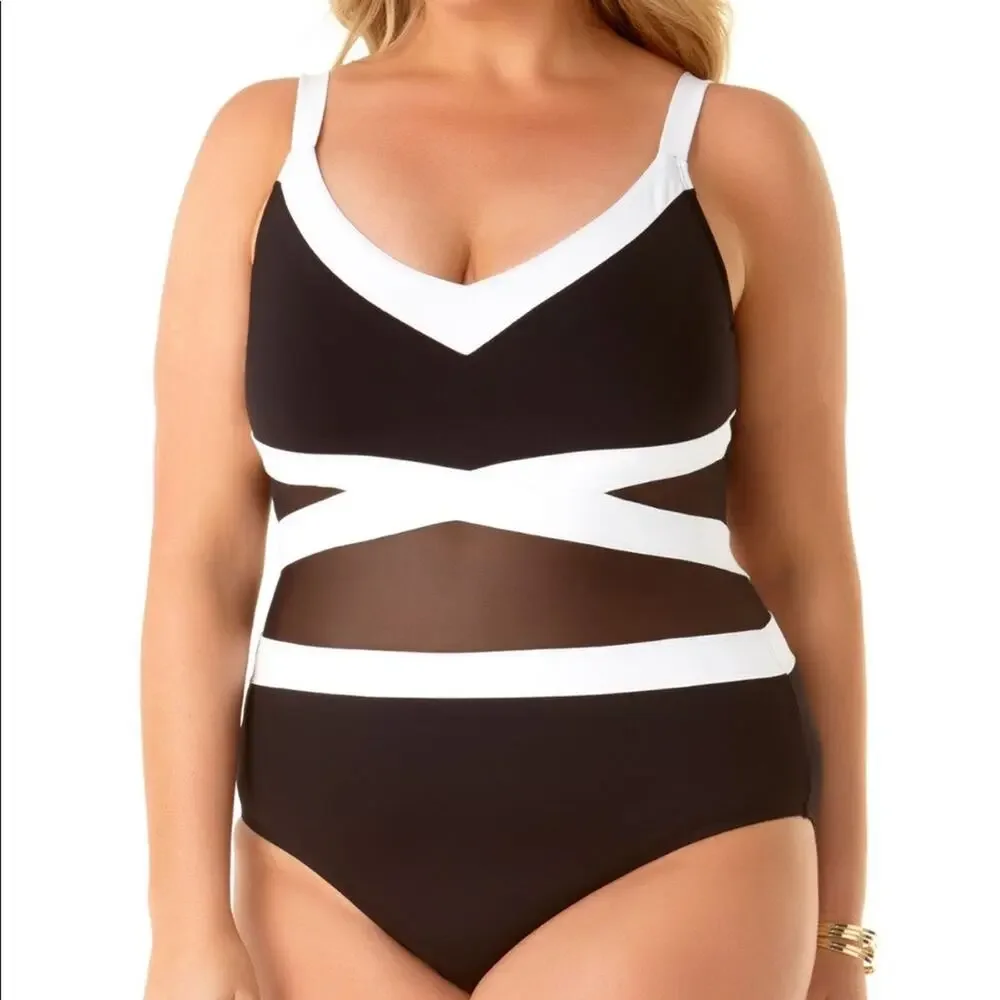 Anne Cole Black/white  Mesh One Piece Swimsuit
